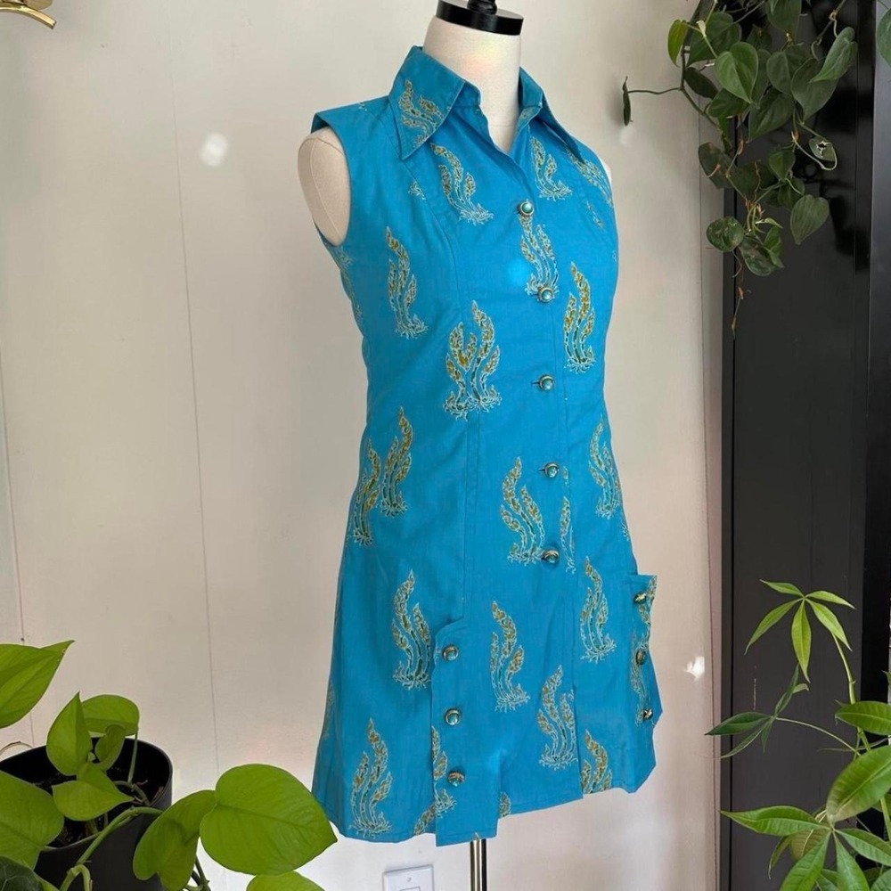 Vintage 60s Style Thai Teal Blue Gold Print Mini Dress Sleeveless XS